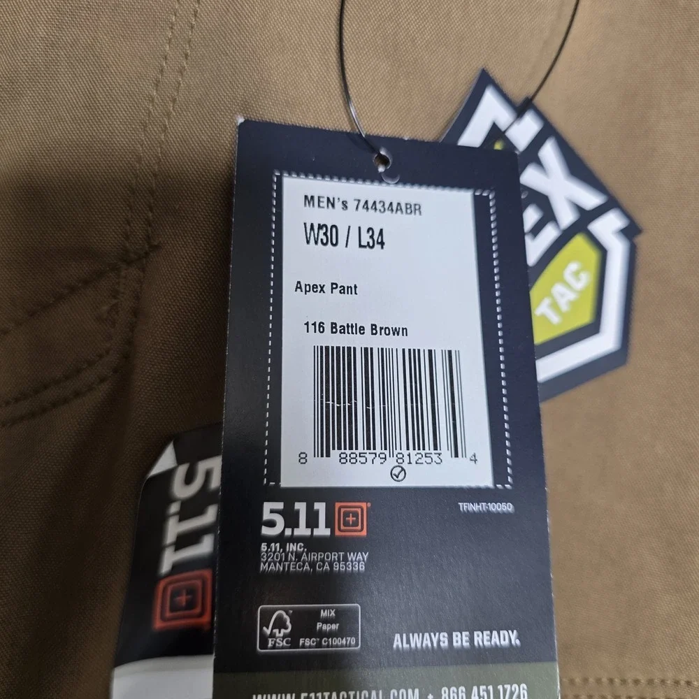 NWT 5.11 Mens 30X34 Tactical Apex Cargo Pant Stretch Battle Brown Regular Fit